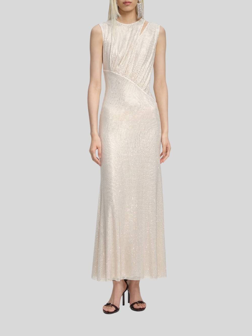 NEW SELF-PORTRAIT rhinestone cut out midi dress in champagne